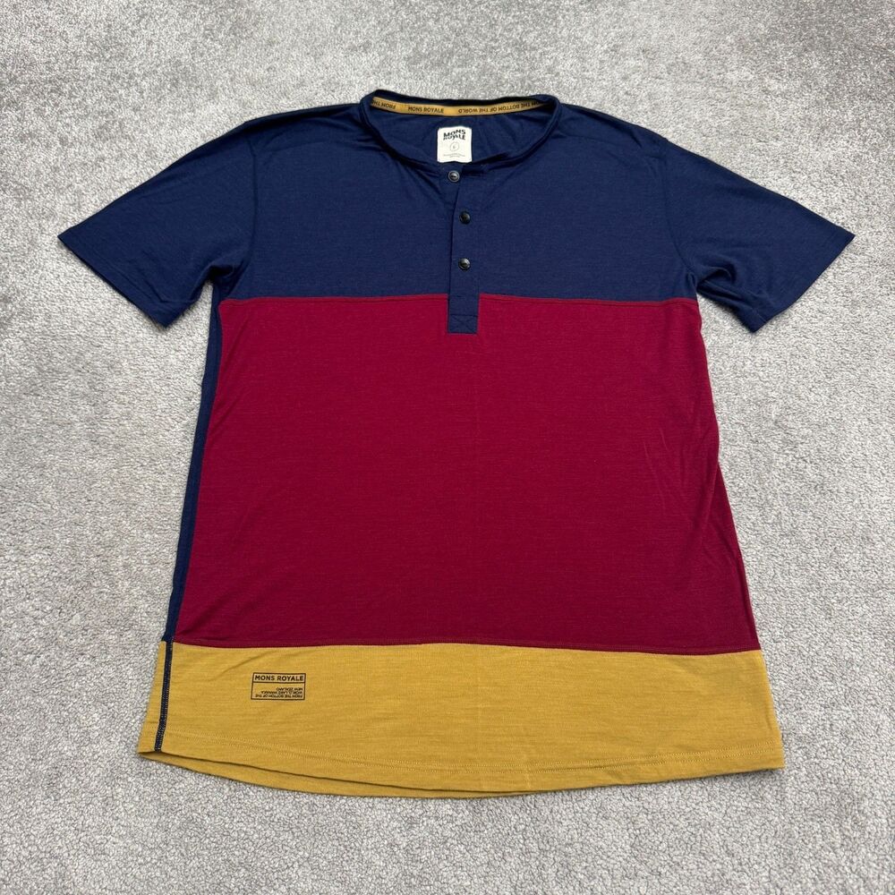 Mons Royale Henley Merino Wool Colorblock T-Shirt Mens Large Blue Red Yellow Tee